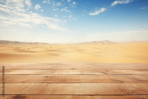 Empty wooden deck table against view of the dunes in the desert  Ai Generated