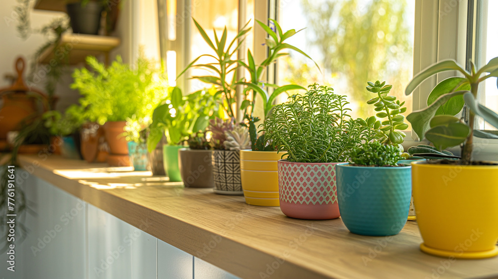 Kitchen counter with indoor plants in brightly coloured pots, botanical harmony in home decor Kitchen counter with indoor plants in brightly coloured pots, botanical harmony in home decor