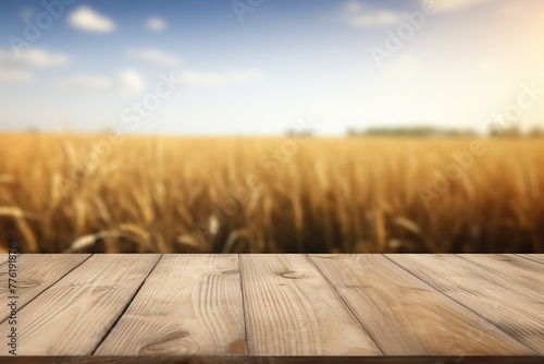 Wooden table with blurred wheat field background, product display, Ai Generated