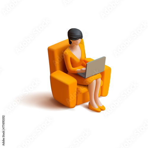 Business woman sitting in an orange chair and working on a laptop, 3D isometric. For work design concepts, online meetings, management, comfort, remote work. Vector