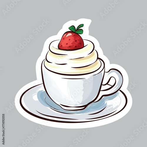 Cup of coffee with whipped cream and strawberries on top Sticker