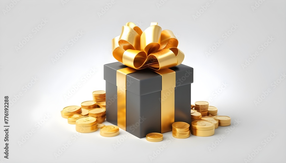 3D Open gift box with floating gold coin and serpentine ribbon. Cash surprise box. Money prize reward. Loyalty program concept. Cartoon creative design icon isolated on white background. 3D Rendering
 - obrazy, fototapety, plakaty 
