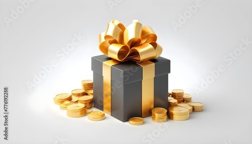 3D Open gift box with floating gold coin and serpentine ribbon. Cash surprise box. Money prize reward. Loyalty program concept. Cartoon creative design icon isolated on white background. 3D Rendering
