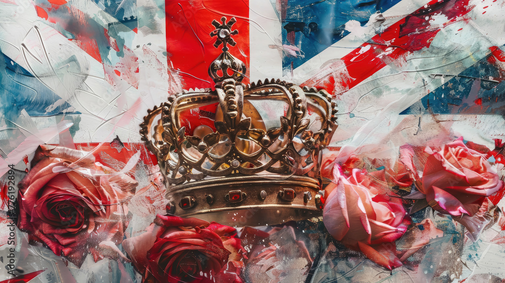 Fototapeta premium watercolor crown and British flag on a white background, illustration, monarchy, coronation, Great Britain, drawing, jewel, gold, symbol, power, king, queen, kingdom, greatness