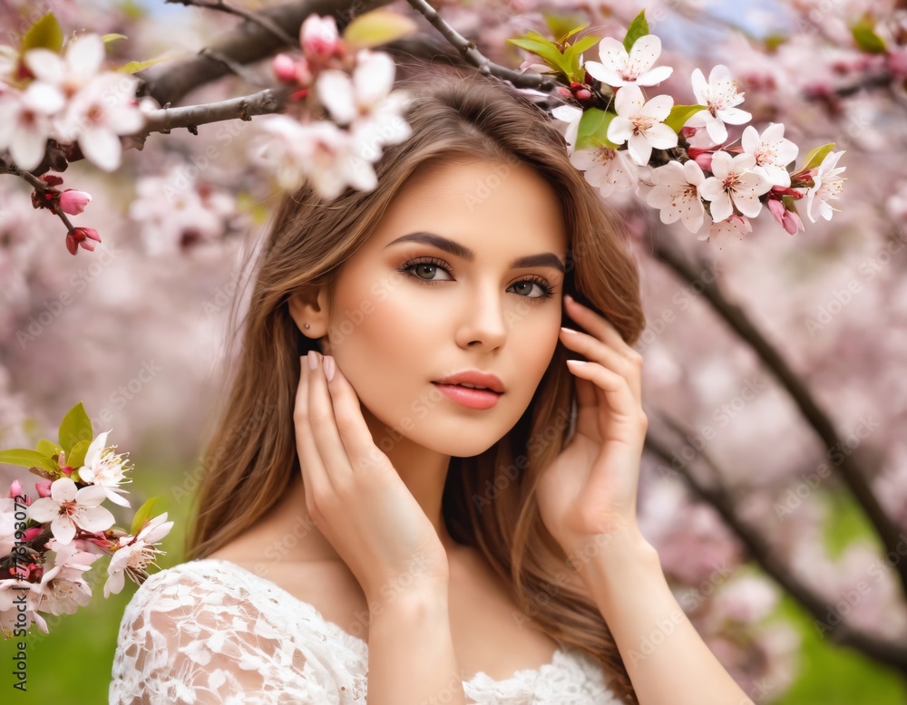  spring girl portrait over blooming tree with flowers