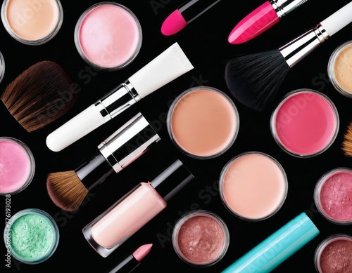 a collection of makeup products and brushes on a black background