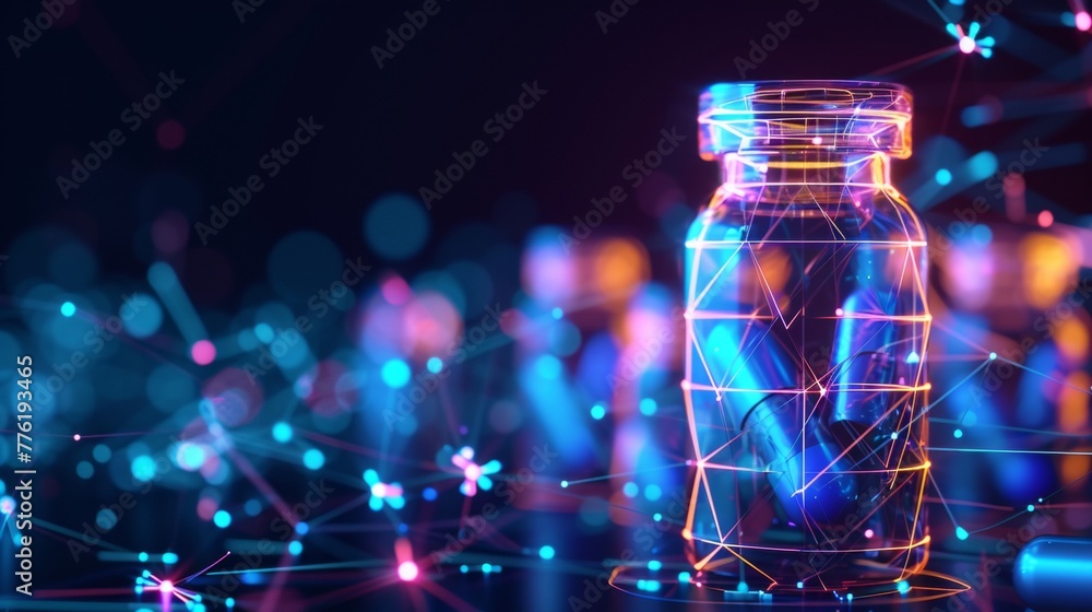 Glowing hologram of prescription drug pill bottle 3D model with dark background. - obrazy, fototapety, plakaty 
