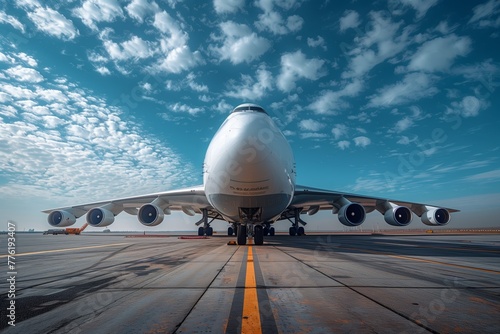 Giant airplane facing forward on airport tarmac