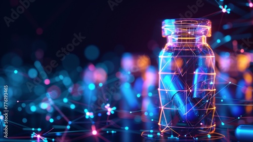 Glowing hologram of prescription drug pill bottle 3D model with dark background.