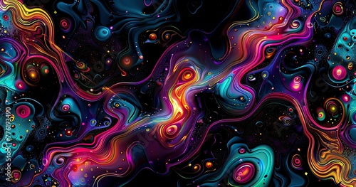 random glow and Colorfull and transparent psychedelic patterns in the style 1969 and sixties on black background photo