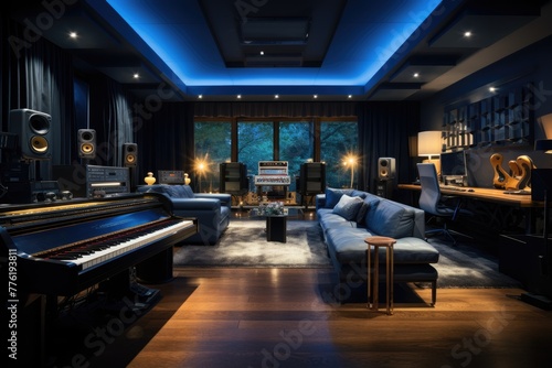 Modern recording studio  A high-tech modern recording studio with ambient lighting  AI generated