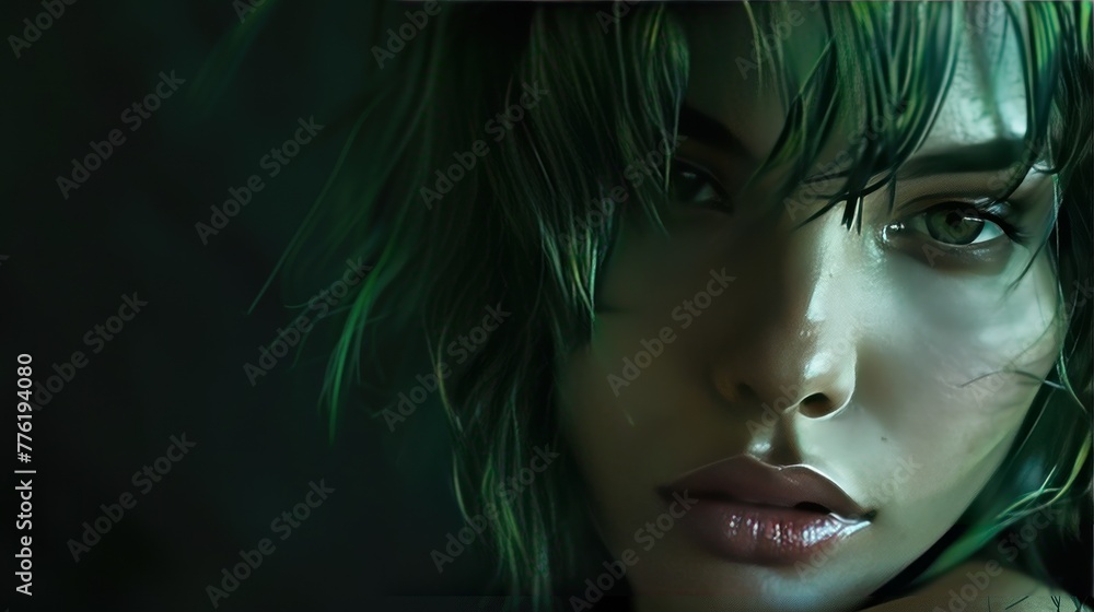 Close up of sad female model with short green hair AI generated image Close up of sad female model with short green hair AI generated image