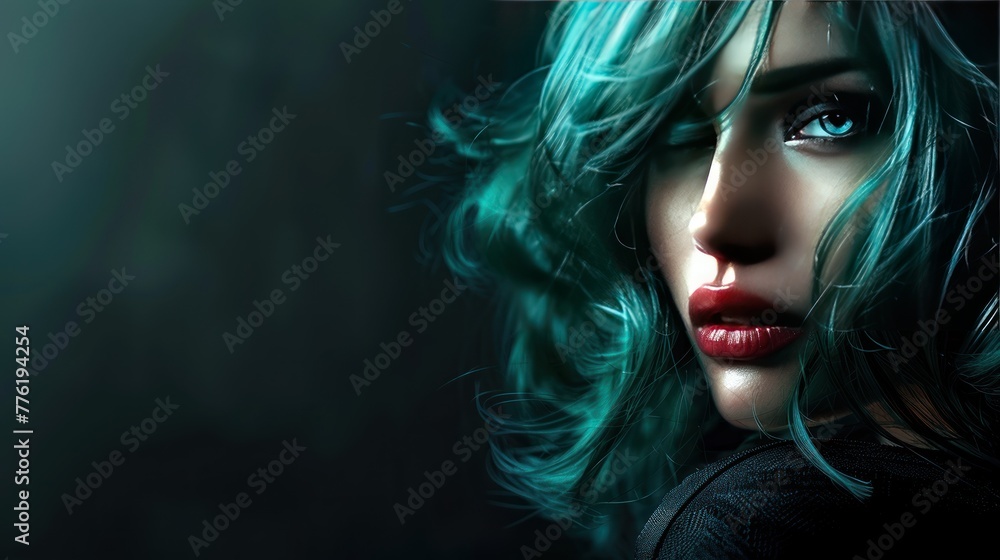 Close up of sad female model with short green hair AI generated image Close up of sad female model with short green hair AI generated image