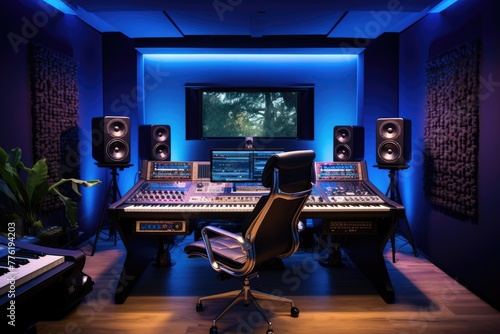 Modern recording studio, A high-tech modern recording studio with ambient lighting, AI-generated