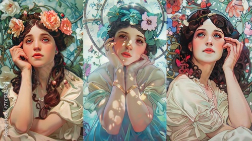 Beautiful woman with flowers around painting Mucha style AI generated image