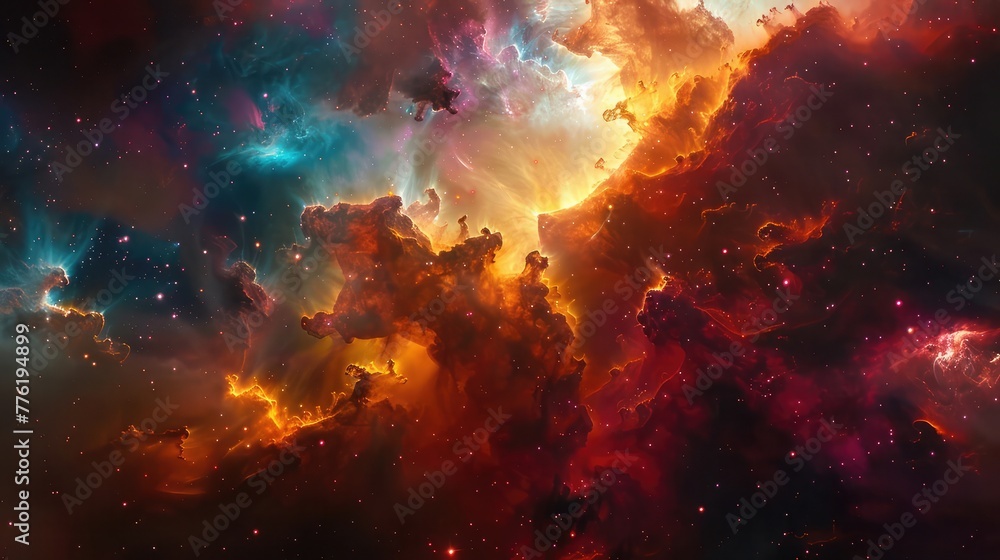 A cosmic explosion of colors in a star-forming region, where vibrant clouds of gas and dust collide to create a dazzling display of light and color.