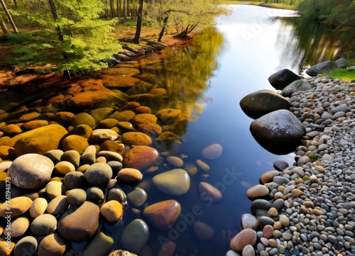 a river with rocks and trees in the background 