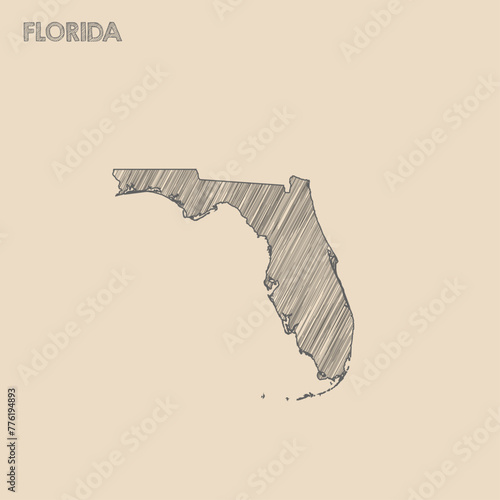 Florida map hand drawn Sketch background vector, Florida freehand Sketch map, vintage hand drawn map.