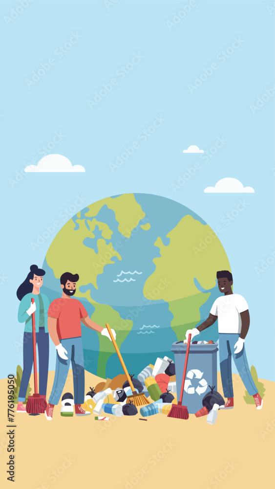 People are cleaning up planet from garbage. World Environment Day. Save the planet. Earth Day concept. Flat style vector illustration People are cleaning up planet from garbage. World Environment Day. Save the planet. Earth Day concept. Flat style vector illustration