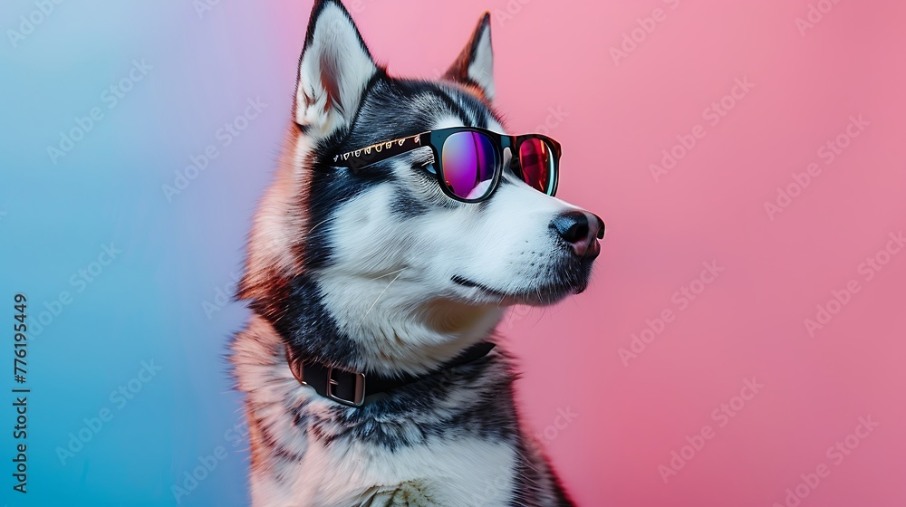Super cool husky dog wearing colorful sunglasses on colored background