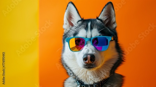 Super cool husky dog wearing colorful sunglasses on colored background © Rosie