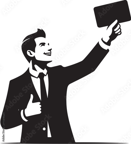 cheerful dreamy man formal shirt rising bank card pointing thumb empty space isolated vector black color silhouette
