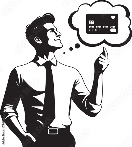 cheerful dreamy man formal shirt rising bank card pointing thumb empty space isolated vector black color silhouette