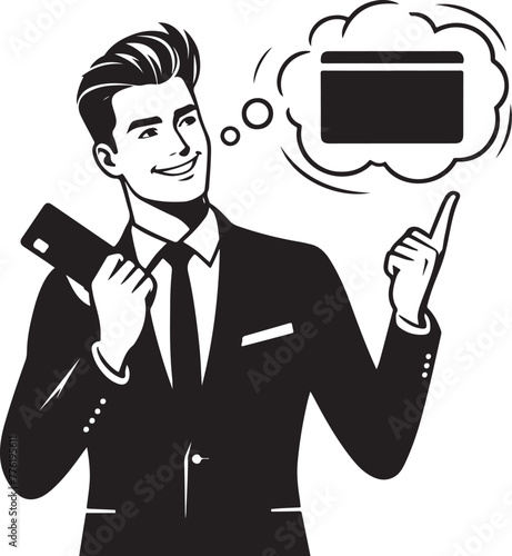 cheerful dreamy man formal shirt rising bank card pointing thumb empty space isolated vector black color silhouette