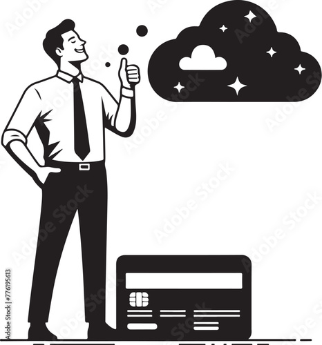 cheerful dreamy man formal shirt rising bank card pointing thumb empty space isolated vector black color silhouette
