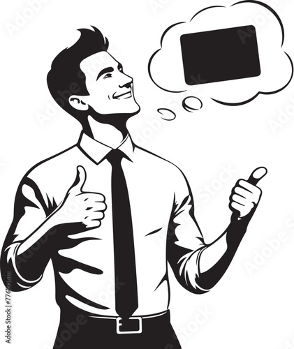 cheerful dreamy man formal shirt rising bank card pointing thumb empty space isolated vector black color silhouette