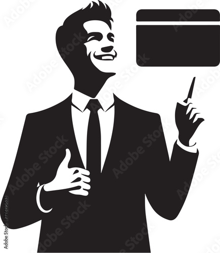 cheerful dreamy man formal shirt rising bank card pointing thumb empty space isolated vector black color silhouette