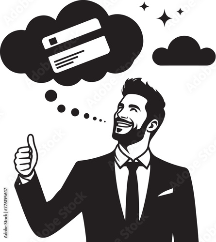 cheerful dreamy man formal shirt rising bank card pointing thumb empty space isolated vector black color silhouette