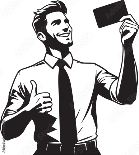 cheerful dreamy man formal shirt rising bank card pointing thumb empty space isolated vector black color silhouette