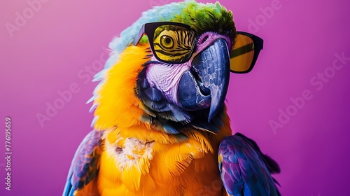 Surreal portrait of a parrot wearing sunglasses on purple background