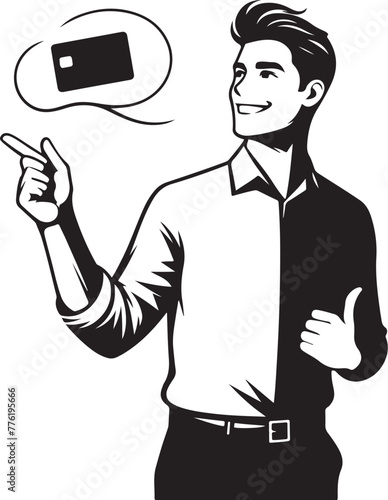cheerful dreamy man formal shirt rising bank card pointing thumb empty space isolated vector black color silhouette