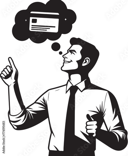 cheerful dreamy man formal shirt rising bank card pointing thumb empty space isolated vector black color silhouette