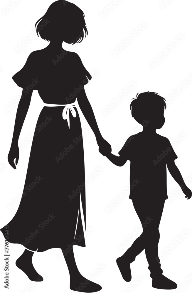 minimalist A sweet cute mommy with a small boy, wear casual outfits, walking holding arms isolated vector black color silhouette, Black color silhouette