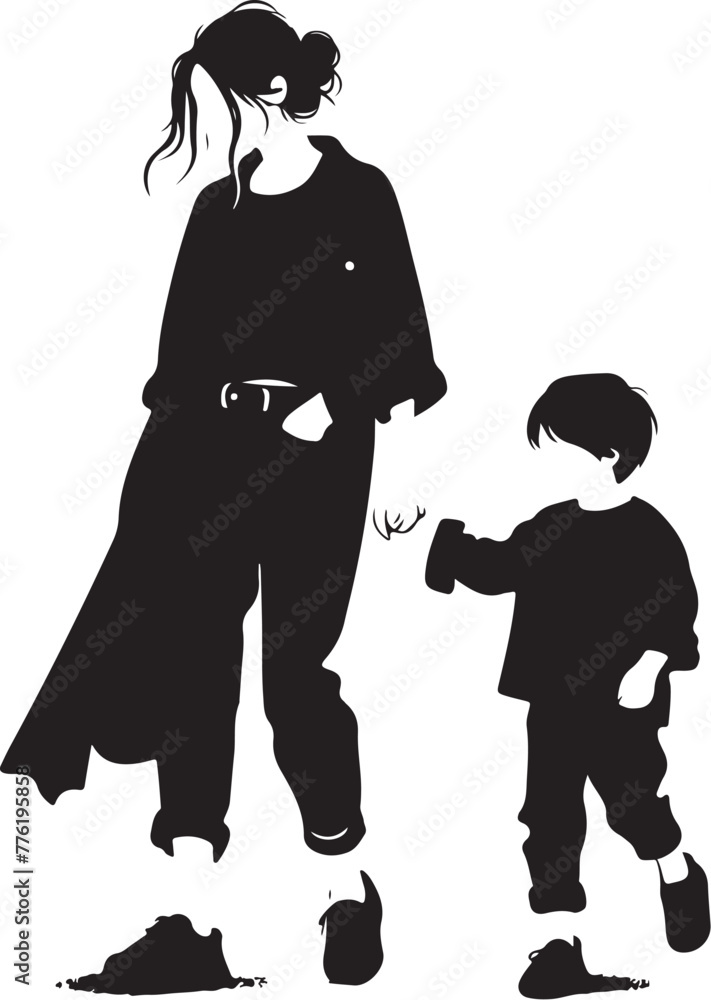 minimalist A sweet cute mommy with a small boy, wear casual outfits, walking holding arms isolated vector black color silhouette, Black color silhouette