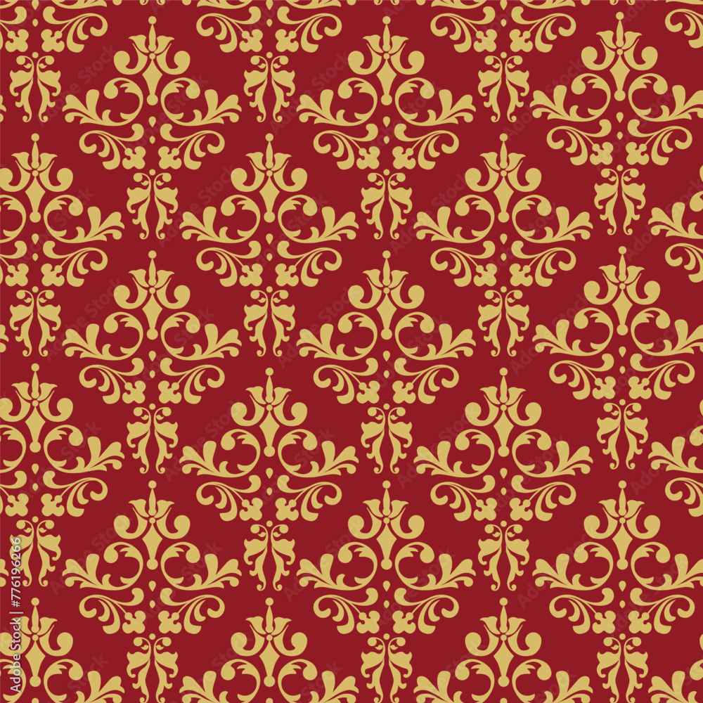 Seamless pattern with golden Victorian pattern on red background. Seamless pattern with golden Victorian pattern on red background.