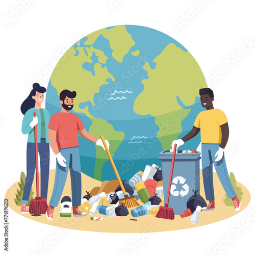 People are cleaning up planet from garbage. World Environment Day. Save the planet. Earth Day concept. Flat style vector illustration