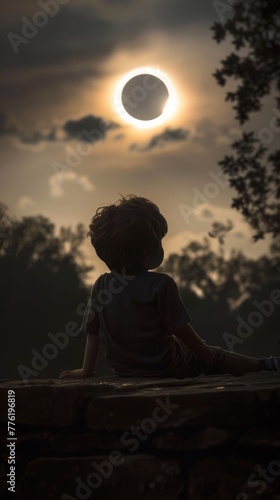 Young child observing solar eclipse. Curiosity and learning concept for educational materials