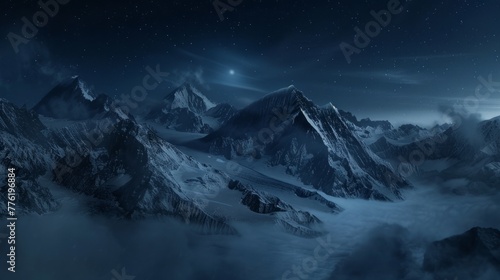 snowy mountains covered in clouds during a dark night generative ai