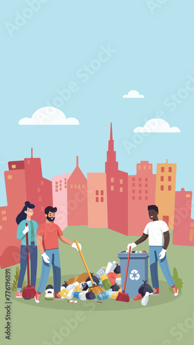 People are cleaning up planet from garbage. World Environment Day. Save the planet. Earth Day concept. Flat style vector illustration