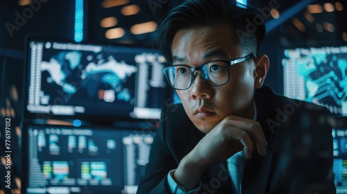 A determined Asian network security analyst responding to a simulated cyber attack exercise, demonstrating proficiency and composure under pressure to defend against threats.