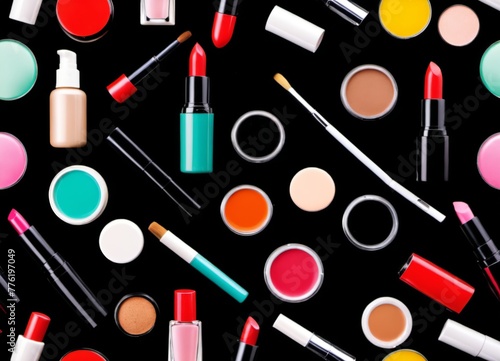 a black background with various cosmetics and makeup products on it