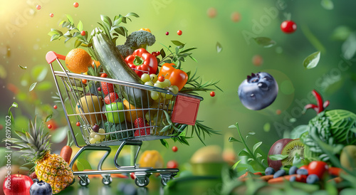 Representation of a grocery cart with lots of healthy products