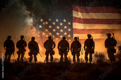 A dramatic image of United States military heroes silhouetted before the nation's flag, celebrating Veterans Day, Memorial Day. Generative AI photo