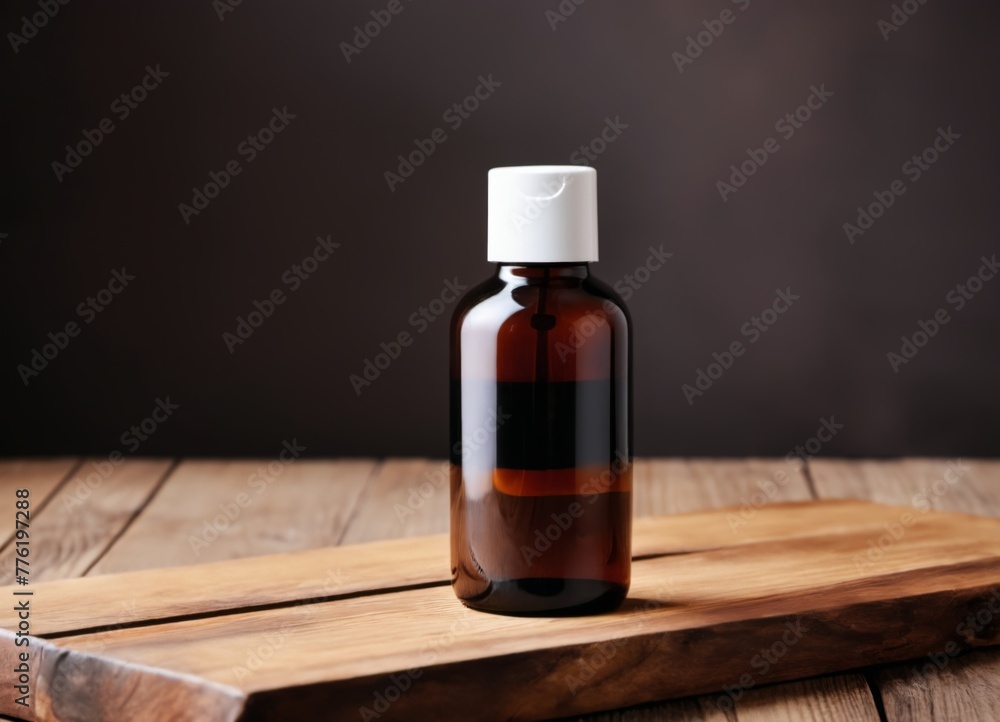 One cosmetic dark amber glass bottle with white lable on wooden table. Closeup