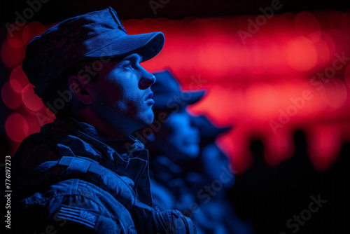 A dramatic image of United States military heroes silhouetted before the nation's flag, celebrating Veterans Day, Memorial Day. Generative AI photo