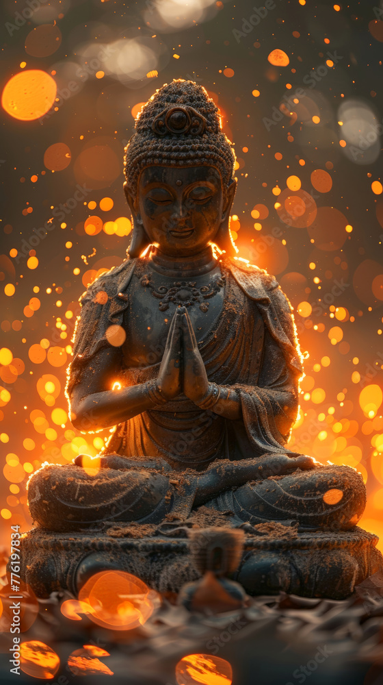 Meditating Buddha statue with sparkling bokeh, symbolizing inner peace and spirituality. Vesak Day greeting card.
